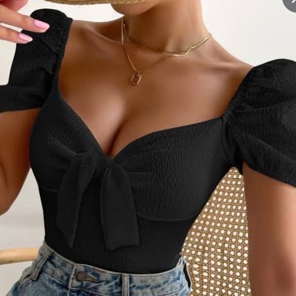 Shein Tie Front Puff Sleeve Bustier Black Crop Top XS